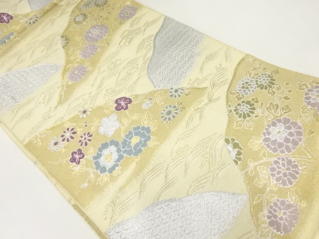 JAPANESE KIMONO / ANTIQUE FUKURO OBI / SILK / WOVEN MOUNTAINS & PEONY & KIKU